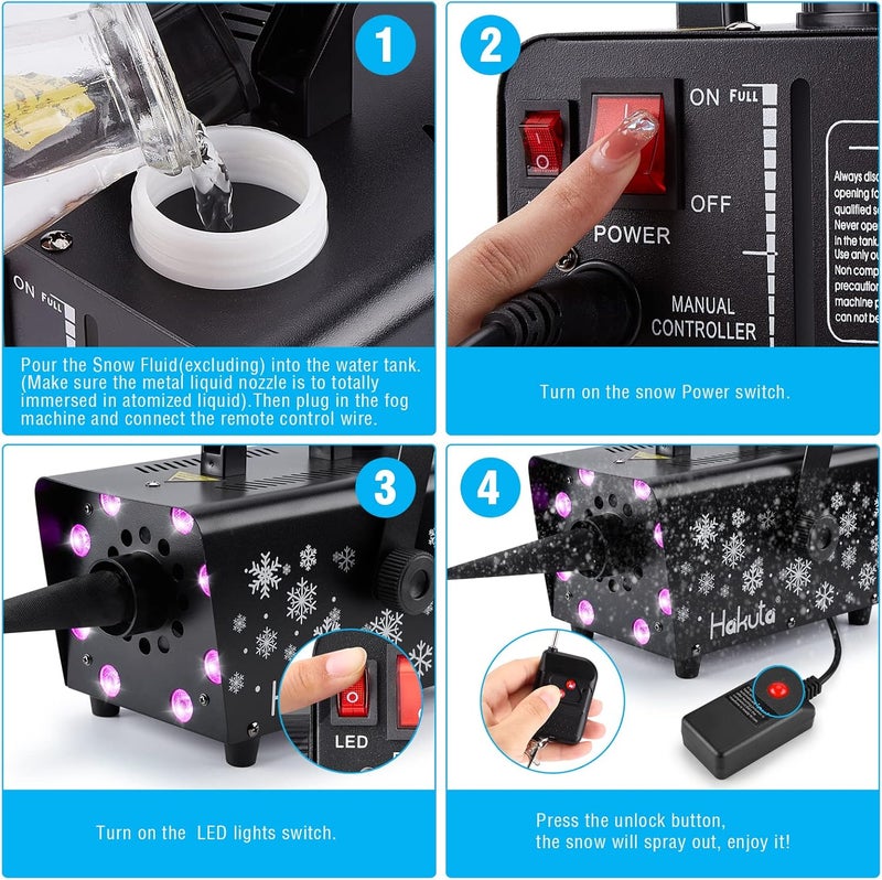 HAKUTA Store آلة الثلج، آلة ثلج 800 واط مع 8 أضواء LED RGB، 13 لون إضاءة LED و2 جهاز تحكم عن بعد، مثالية لعيد الميلاد، الهالوين، عيد الحب، الزفاف، الحفلات ومسرح الدي جي - Image 4